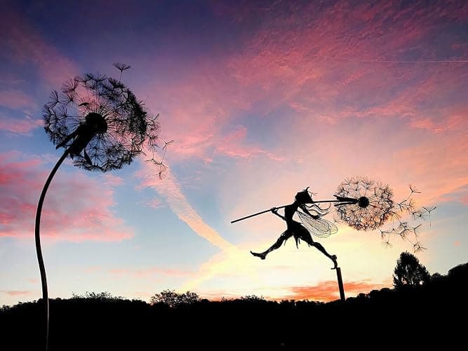 Fcteap Flower Fairy Dancing with Dandelion Garden Art Sculpture Stainless Steel Statue Christmas Halloween Decoration for Outdoor Yard Courtyard Lawn Patio Metal Ornaments (Long Travel) thumbnail 2