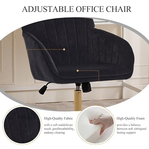 Klwenas Maec Black Velvet Vanity Chair with Arm Rest for Home Office | Upholstered Swivel Desk Chair with Wheels for Bedroom Living Room Make-up Room,Height Adjustable, Ergonomic Back,Metal Base thumbnail 5