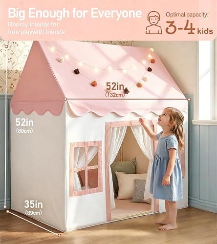 Large Kids Tent with mat, Star Lights, Tissue Garland, Play Tent Indoor & Outdoor, Kids Play Tent for Girl & Boy Aged 3+, Kids Tent for Toddler, 52" x35" x 52" Play House with Windows, Washable, Pink thumbnail 3