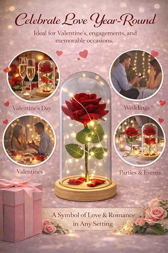 Eternal Red Rose in Glass Dome with LED Lights – Light Up Artificial Rose Décor – Romantic Gift for Women with Gift Box for Anniversary, Birthday, Valentine’s Day, or Holiday Season thumbnail 4
