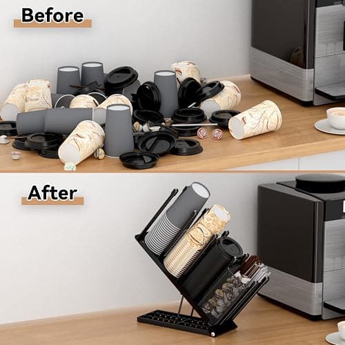 OVICAR Cup and Lid Holder - Adjustable Coffee Cup Holder Organizer 4 Compartment Disposable Cup Dispenser with Coffee Pod Straw Storage Basket for Coffee Station Bar Countertop Breakroom Metal Black thumbnail 4