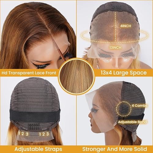 A FUTURE TONGMEI 4/27 Highlight HD Lace Front Wigs Human Hair Pre Plucked 13x4 Body Wave Frontal Wig with Baby Hair 180% Density Ombre Brown and Honey Blonde Human Hair Wigs for Black Women 22 Inch thumbnail 4