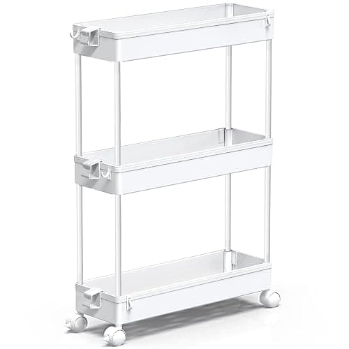 SPACEKEEPER Slim Rolling Storage Cart, 3 Tier Bathroom Storage Organizer Laundry Room Utility Cart Mobile Shelving Unit, Multi-Purpose for Kitchen Office Bathroom Laundry Narrow Places, White thumbnail 5