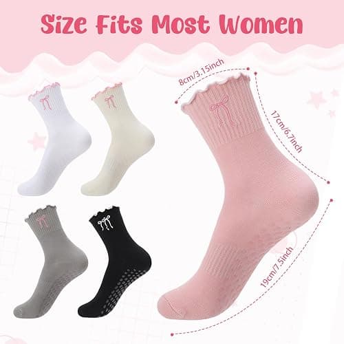 scenicamp 5 Pairs Women‘s Cute Pilates Socks with Grips, Non-Slip Ruffle Yoga Sock, Cotton Grippy Crew Sock for Barre Ballet thumbnail 7