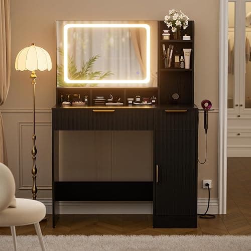 Cyclysio Fluted Vanity Desk with Mirror and Lights, Wood Makeup Vanity Desk with Power Strips, Modern Dressing Table with Drawers & Cabinet for Bedroom, Black thumbnail 4