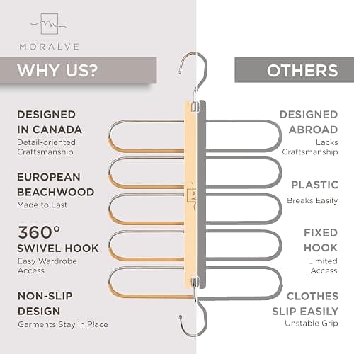 MORALVE Pants Hangers Space Saving - European Beechwood Scarf and Jean Hangers - Closet Organizer and Space Saver Pant Rack, Leggings Hanger, and Scarf Holder with 360° Swivel Hook (1 Pack) thumbnail 5