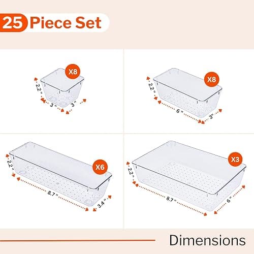 Stackzy Drawer Organiser Set – Makeup Organiser Tray for Drawers – Clear Cosmetics Container Tray for Bedroom – Utensil Cutlery Set Divider – Kitchen Storage & Organisation – 25pack thumbnail 2