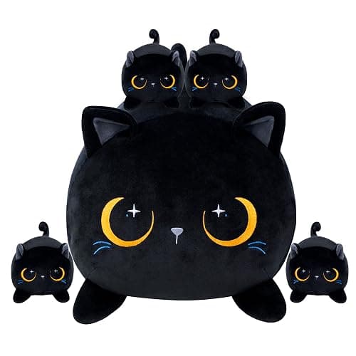 YIIQUWEN Black Cat Plush Cute Cat Stuffed Animal with 4 Baby Soft Pillow Christmas, Thanksgiving, Birthday Gift for Girls Boys Kids Decor - Image 1