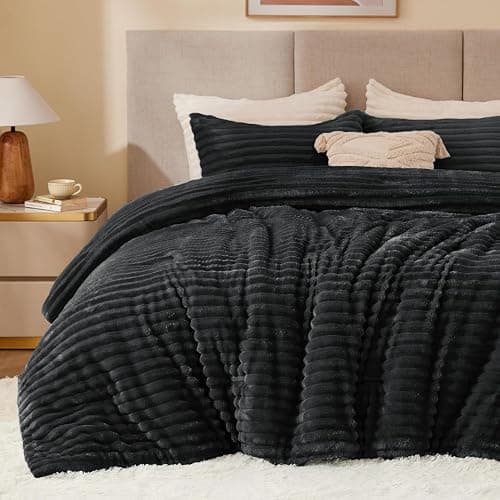 BEDELITE Fleece Queen Comforter Set -Super Soft & Warm Fluffy Black Bedding, Luxury Fuzzy Heavy Bed Set for Winter with 2 Pillow Cases - Image 1