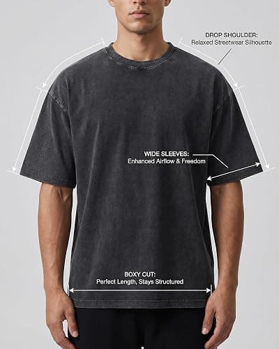 Men's Oversized T-Shirts Heavyweight Cotton, Unisex Vintage Acid Wash Drop Shoulder Baggy Fit Tee Tops thumbnail 4