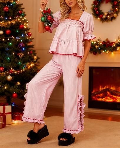 Bocymolay Women Christmas Red Plaid Pajamas Set Gingham Short Sleeve Babydoll Shirt Ruffle Pants 2 Piece Pj Loungewear thumbnail 2