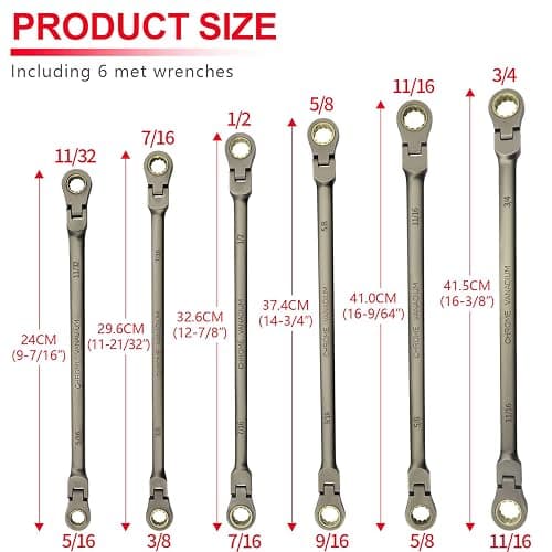 6-Piece Extra Long SAE CR-V Steel Flex-Head Ratcheting Wrench Set, Double Box End Wrench Set with Pouch thumbnail 2