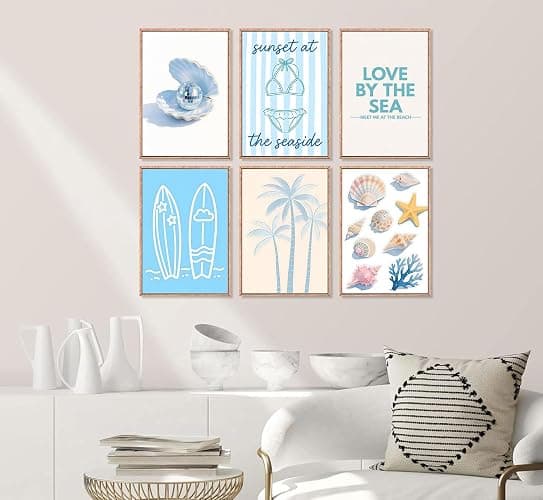 6Pcs Coastal Granddaughter Wall Art Beach Wall Decor Pictures 8inx10in | Blue Shells Bikini Posters Prints Tropical Palm Surfboard painting for Bedroom Dorm Teenage Girls Room Decoration Unframed thumbnail 3