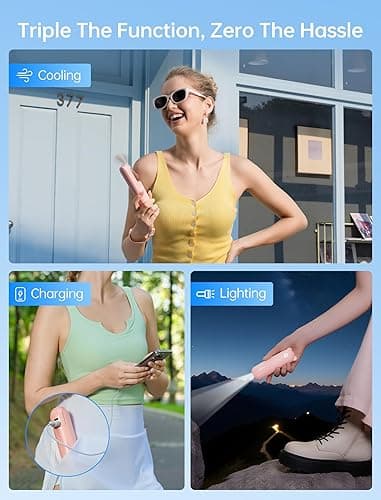 JISULIFE Handheld Mini Fan, 3 IN 1 USB Rechargeable Portable Fan [12-19 Working Hours] with Power Bank, Flashlight, Pocket Design for Travel/Summer/Concerts/Lash, Gifts for Women (Pink) thumbnail 3