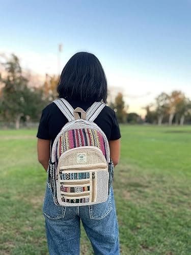 AUNERCART Hemp Backpack Cotton Canvas Stripe 13 Inch Laptop Tab Business Traveling Bag Himalayan Backpack College Gift Bag Casual Daypack 13 x 11 x 5 Inches thumbnail 5