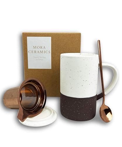 Mora Ceramics Tea Cup with Loose Leaf Infuser, Spoon and Lid, 12 oz, Microwave and Dishwasher Safe Coffee Mug - Rustic Matte Ceramic Glaze, Modern Herbal Tea Strainer - Great Gift for Women, Garnet - Image 1