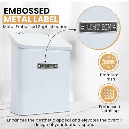 Embossed Magnetic Lint Bin For Laundry Room | Modern Farmhouse Laundry Lint Bin | Lint Trash Can For Laundry Room | White Lint Bin For Laundry Room Magnetic | Space Saving Storage Laundry Bin with Lid thumbnail 3