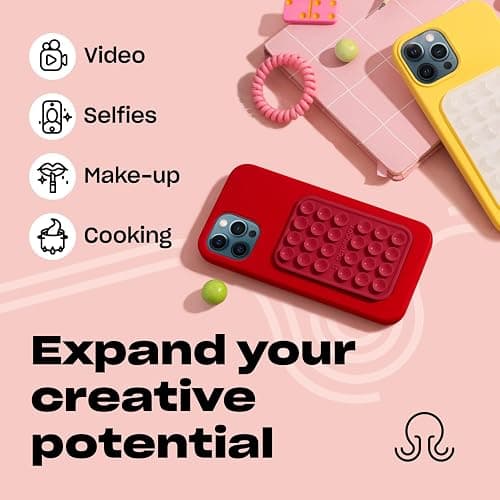 OCTOBUDDY Classic - Silicone Suction Phone Case Adhesive Mount - Hands-Free, Strong Grip Holder for Selfies & Videos - iPhone & Android Compatible - 2.25″ x 3.25″, RED thumbnail 5