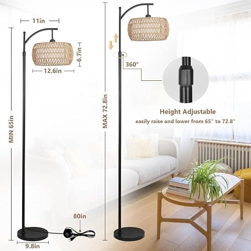 Arc Floor Lamp with Remote Control, Dimmable LED Floor Lamp with 3 Color Temperature, Black Standing Lamp with Rattan & Fabric Double Drum Shade, Boho Farmhouse Tall Pole Lamp for Living Room Bedroom thumbnail 4