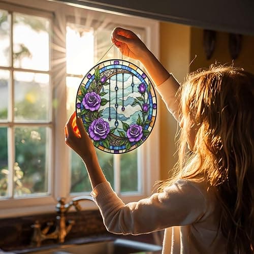Purple Roses and Gemstone Chains Stained Glass Suncatcher 6in | Window Hanging Home Decor Metal Frame Hanging Chain Garden Decor Birthday Housewarming Gift thumbnail 8