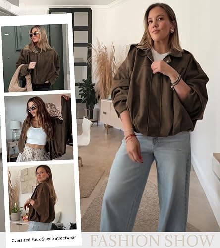 Bnigung Womens Faux Suede Bomber Jacket Oversized Long Sleeve Cropped Coat | Lightweight Going Out Suede Jackets, 2 Pockets, Lapel Collar, Batwing Sleeve, Zip up, Outerwear for Casual Daily Vacation thumbnail 6
