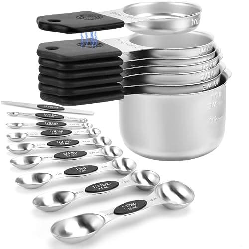 Magnetic Measuring Cups and Spoons Set-Heavy Duty 304 Stainless Steel,Double Measurement Markings,Set of 16 with Leveler for Measure Dry and Liquid Ingredients (Black) - Image 1