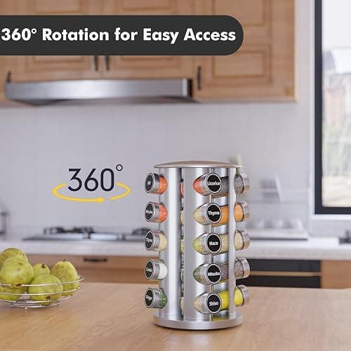 New England Stories Revolving Spice Rack Set with 20 Spice Jars, Kitchen Spice Tower Organizer for Countertop or Cabinet - Carousel Storage Includes 386 Spice Labels (Silver) thumbnail 2