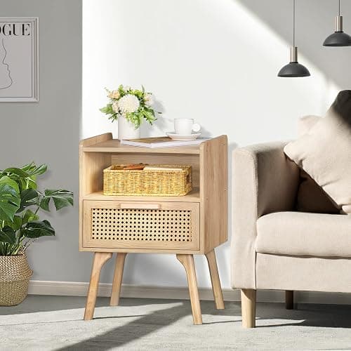 Lerliuo Rattan Nightstand, Boho Side Table with Drawer Open Shelf | Cane Accent Bedside End Table with Solid Wood Legs for Bedroom, Dorm and Small Spaces (Natural) thumbnail 4