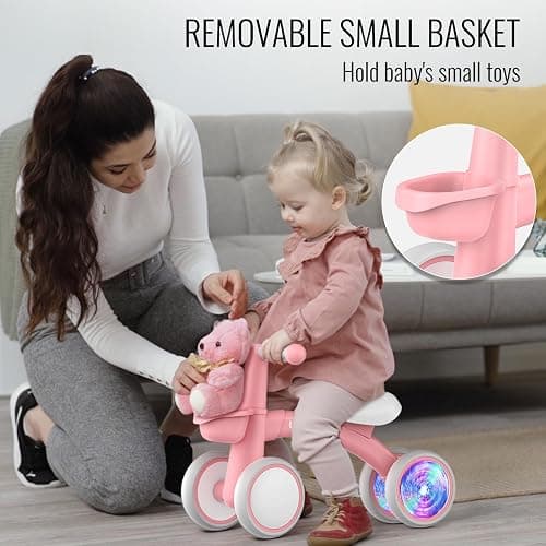 Umatoll Colorful Lighting Baby Balance Bike Toys for 1 Year Old Girl Gifts, Adjustable Seat, First Birthday Gifts, 12-24 Months Toddler Bike, Pink thumbnail 4