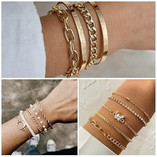 IFKM Gold Plated Jewelry Set for Women,14k Gold Plated Multi Layer Necklaces Stackable Bangle Bracelets Stackable Knuckle Rings Hoop Earrings Set Anniversary Trendy Elegance Charms Anniversary Birthday Jewelry Gift thumbnail 4