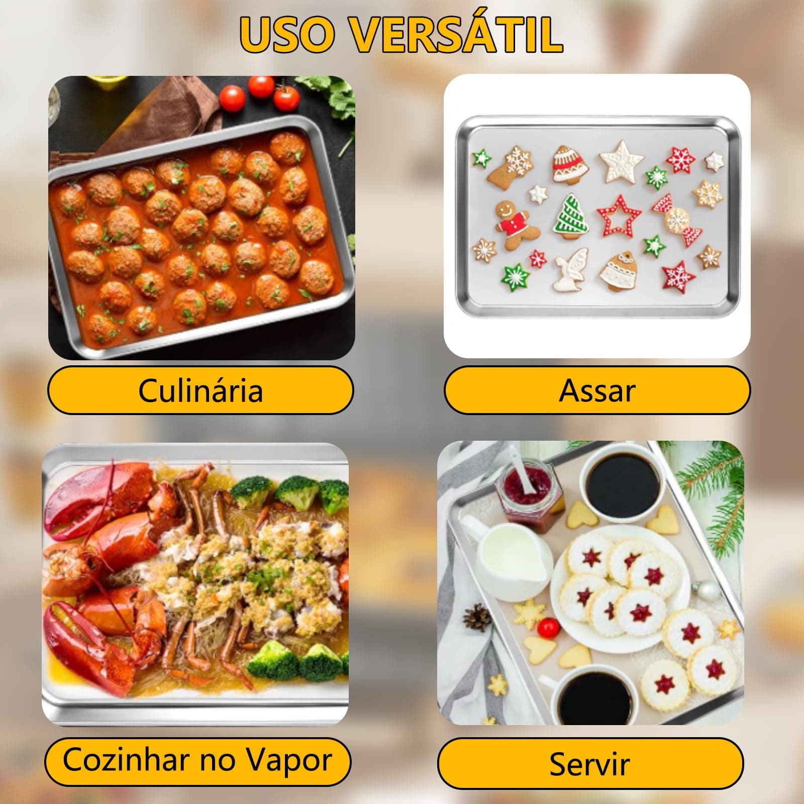Kit 4 Fôrmas para Assar, Assadeira de 304Aço Inoxidável, Fôrma para Biscoitos, Não Tóxica e Saudável, Livre de Ferrugem e Fácil de Limpar - Lavável na Lava-Louças thumbnail 6