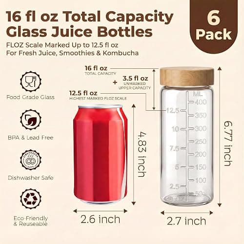 16 oz Round Glass Juice Bottles with Airtight Bamboo Lids, Reusable 6 Pack | Glass Drinking Bottles for Smoothies & Tea, Air Tight Juicing Jars for No Leak, Wide Mouth Easy to Fill & Clean, w/ Straws thumbnail 3