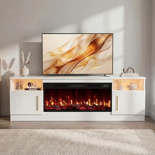 LEMBERI 70" Fireplace TV Stand for TVs up to 80", 36" Electric Fireplace 750W/1500W Entertainment Center with 20-Color LED, 300lbs Max Capacity High Gloss Storage Cabinet Console, White thumbnail 9