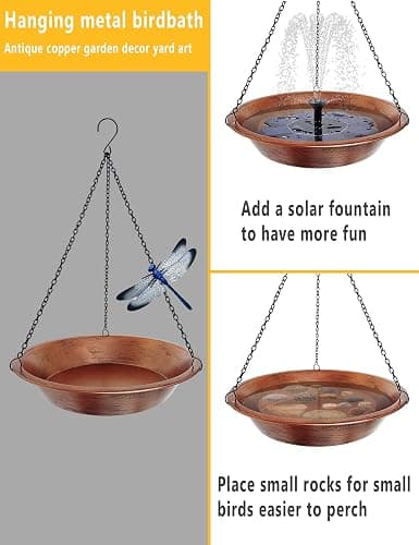 Keygift Hanging Bird Bath for Outdoor, Antique Copper Metal Bird Feeder Birdbath Bowl with 17” Rust-Proof Black Chains for Garden Backyard Decor thumbnail 5