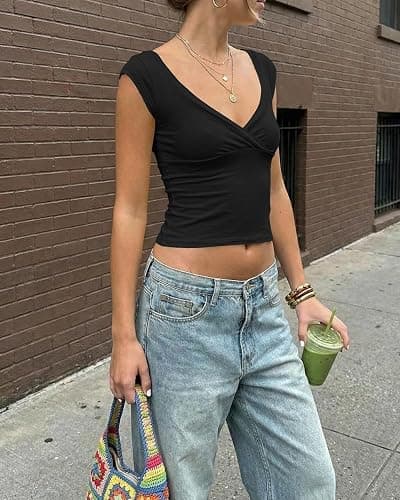 BAIGRAM Women Deep V Neck Wrap Crop Tank Tops Summer Minimalist Outfits Y2K Preppy Slim Fit Cute Cap Sleeve Baby Tee Shirt thumbnail 2
