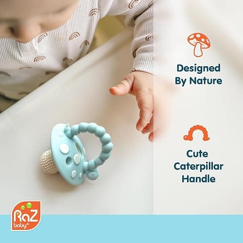 RaZbaby Soft Silicone Infant & Baby 3M+ Teether Toy Massaging Bristles Teething Relief Pacifier - Soothes Sore Gums - Hands-Free & Easy-to-Hold Chompy Teether, BPA Free (RED/Green) thumbnail 3