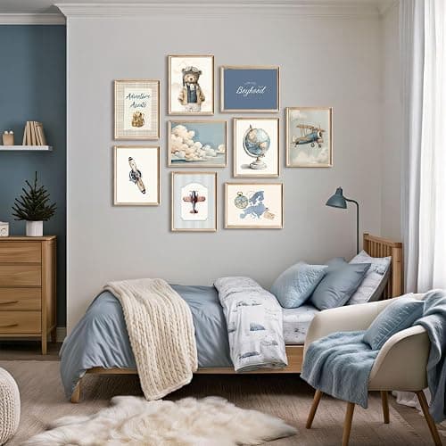 Teddy Bear Nursery Wall Art Decor Baby Boys Room Canvas Poster Vintage Nursery Wall Decor Navy Blue Kids Room Prints Airplane Pictures Travel Bear Painting Artwork for Bedroom 12x16x9 Inch Unframed thumbnail 4