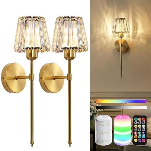 Battery Operated Crystal Wall Sconce Set of 2, Gold Rechargeable Wireless Wall Sconces with Remote Dimmable 12 Colors Modes Led Wall Lights, Wall Lamp for Bedroom Living Room Hallway, 2 Bulbs Included - Image 1