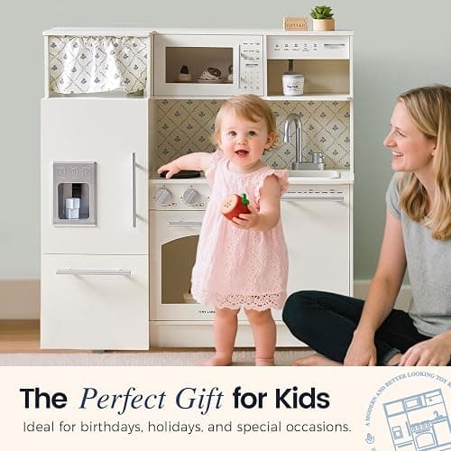 Tiny Land Play Kitchen for Kids, Upgraded Wooden Kitchen Toy with Complete Play Areas, Pretend Cooking Set with Sink, Stove, Microwave, Toy Coffee Station & Storage for Kids Ages 3+ thumbnail 6