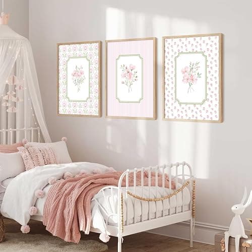 Pink Floral Wall Art Nursery Flower Canvas Wall Decor Baby Girl Wildflower Pictures Aesthetic Striped Botanical Poster Prints Pink Green Floral Painting Artwork for Girl Room 12x16 Inch Unframed 3Pcs thumbnail 6