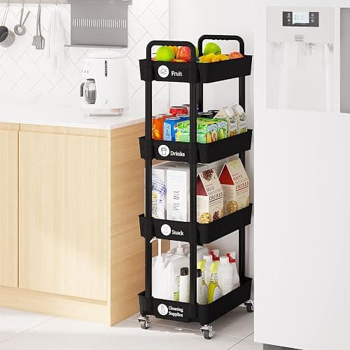 Laiensia 4-Tier Rolling Cart with Wheels,Multifunction Utility Storage Carts, Kitchen Storage Organizer,Mobile Shelving Unit for Bathroom,Laundry,with Classified Stickers,Black thumbnail 7