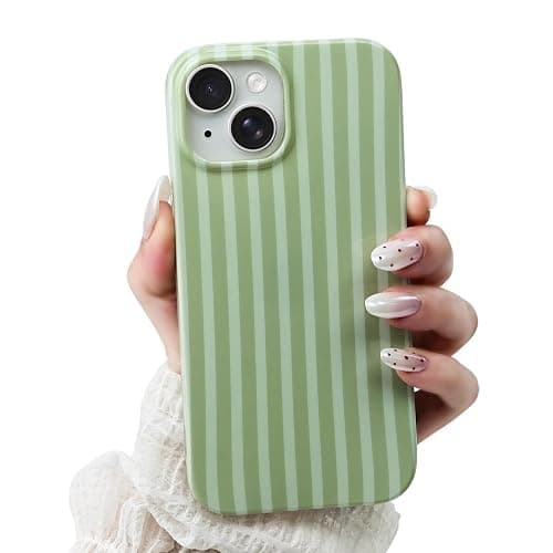 SleekCover Compatible with iPhone 13/14 Case,Cute Aesthetic Striped Pattern Cover for Women Girls,Soft TPU Shockproof Protective Stylish Kawaii Case for iPhone 13/14 6.1",Green - Image 1