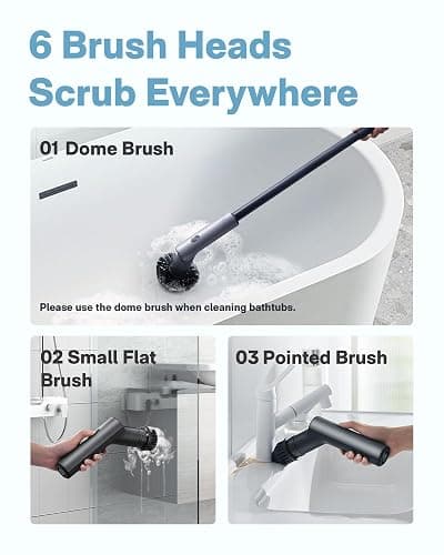 HOTO Electric Spin Scrubber, Rechargeable Shower Scrubber with 6 Brush Heads & Extension Pole, Cordless Power Cleaning Brush, Dual Speed, IPX7 Waterproof, Ideal for Bathroom/Kitchen/Tile/Floor/Wall thumbnail 4