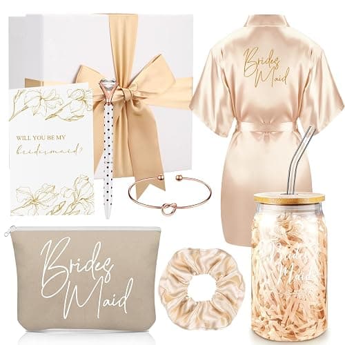 Irenare Bridesmaid Proposal Gifts Set Robes Makeup Bag Cup Cards Hair Tie Bracelet Diamond Pen Bridesmaid Gift Box(Champagne,8 Pcs) - Image 1