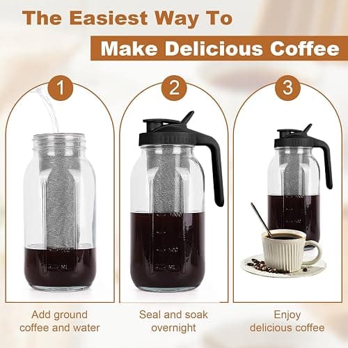 Cold Brew Coffee Maker,64 oz Mason Jar Pitcher with Stainless Steel Filter, Pour Spout Handle Lid, Heavy Duty Glass Airtight & Leak-Proof for Iced Coffee,Tea & Lemonade thumbnail 5