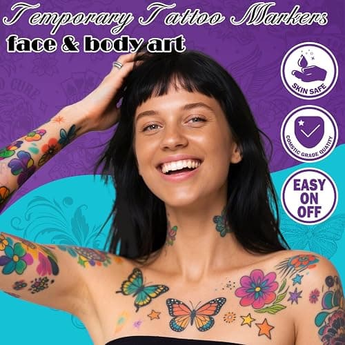 Ponhey Temporary Tattoo Markers for Skin, 36 Body Markers+67 Large Tattoo Stencils,Dual-End Tattoo Pens,Fine Lines with Cosmetic-Grade,Flexible, Skin-Safe Face Paint Kit for Kids Teenage Adults thumbnail 2