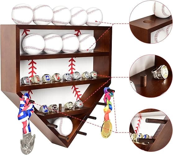 Westant Baseball Ring Display Case - 17" Wooden Baseball Ring Holder, Wall Mount Baseball Case Display for Balls, Rings, Medals, Trophies - One Case for All Memorabilia thumbnail 4