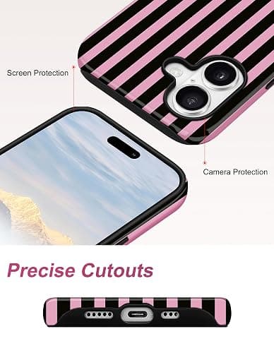 Aitipy Magnetic Striped Phone Case for iPhone 16 Plus, Black Pink | Compatible with MagSafe, Cute Stripes Aesthetic Pattern Design, TPU and PC Protective Phone Cover for Women Men Girls Boys thumbnail 5