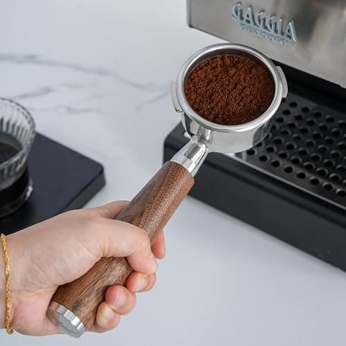 KNODOS 58mm Bottomless Portafilter for Gaggia Classic Pro, Evo, E24 Espresso Machines With Upgraded Walnut Handle and 18-21 Gram Filter Basket thumbnail 2