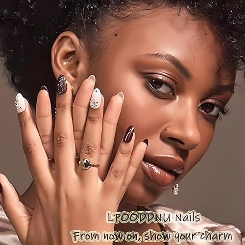 LPOODDNU Blue White Press on Nails Almond - Medium Blueberry Lace French Pearl Design Fake Nails, Glossy Finished Reusable False Nails with Adhesive Glue Tabs - 24Pcs Nail Kit for Women Manicure thumbnail 7